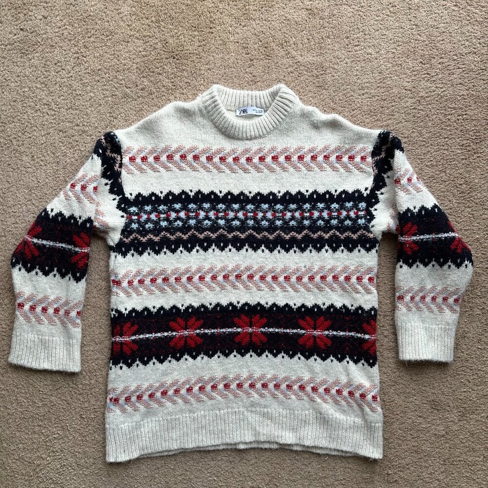 Zara Sweater Womens Small Crewneck Pullover Long Sleeve Soft Fair Isle